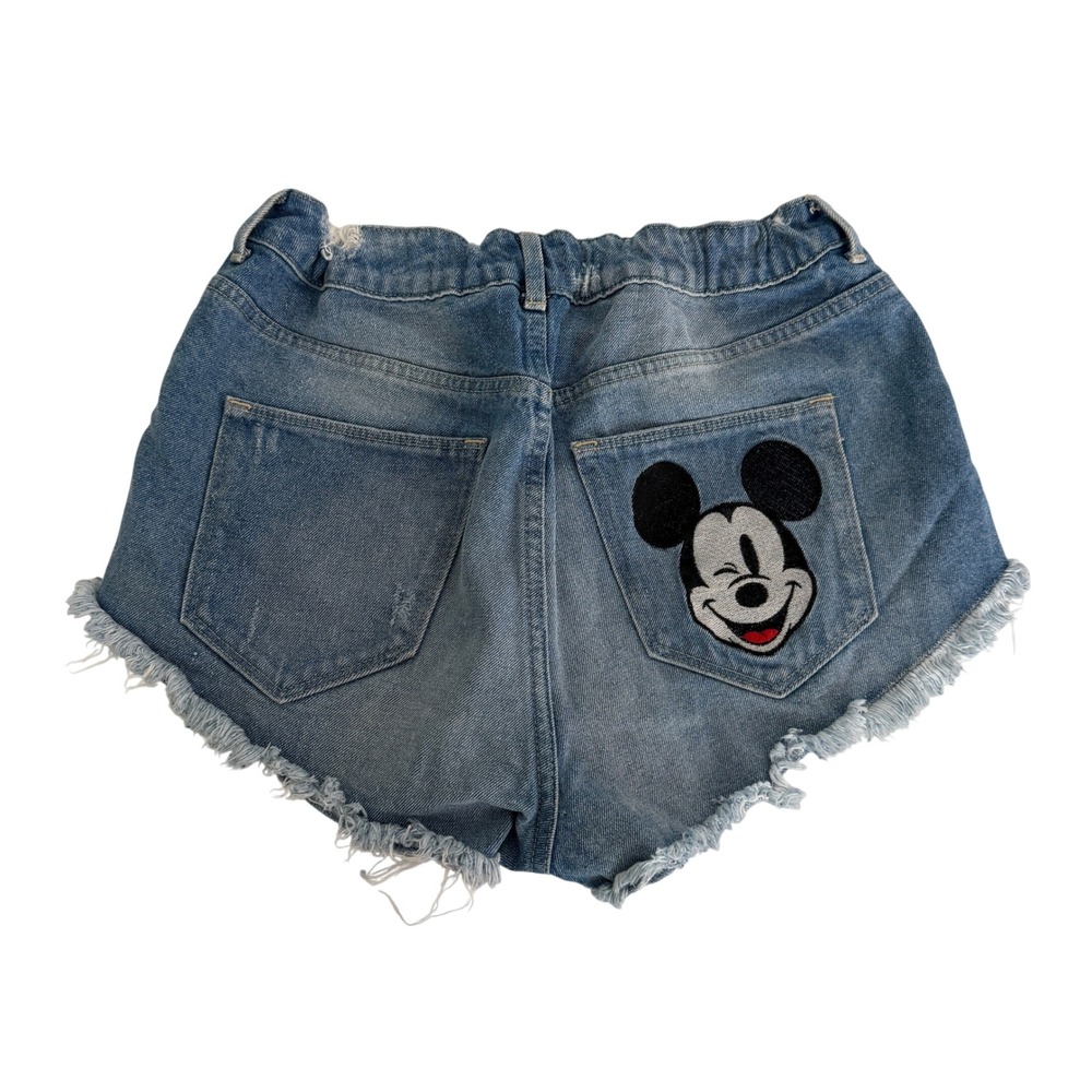 High-Waist Distressed Denim Jean Shorts with Mickey Patch - Blue